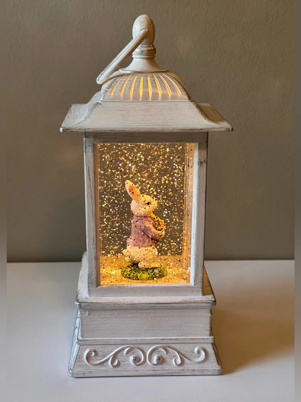 Easter Farmhouse White Distressed Lantern Water Globe with Bunny Figurine